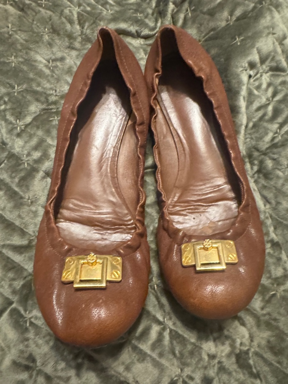 Tory Burch Brown Leather Ballet Flats with Gold Logo Hardware